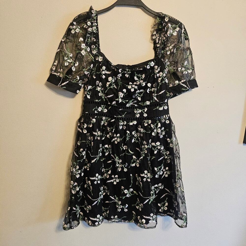 Lulus Radiant Love Black Embroidered Skater Dress Mini Small Floral